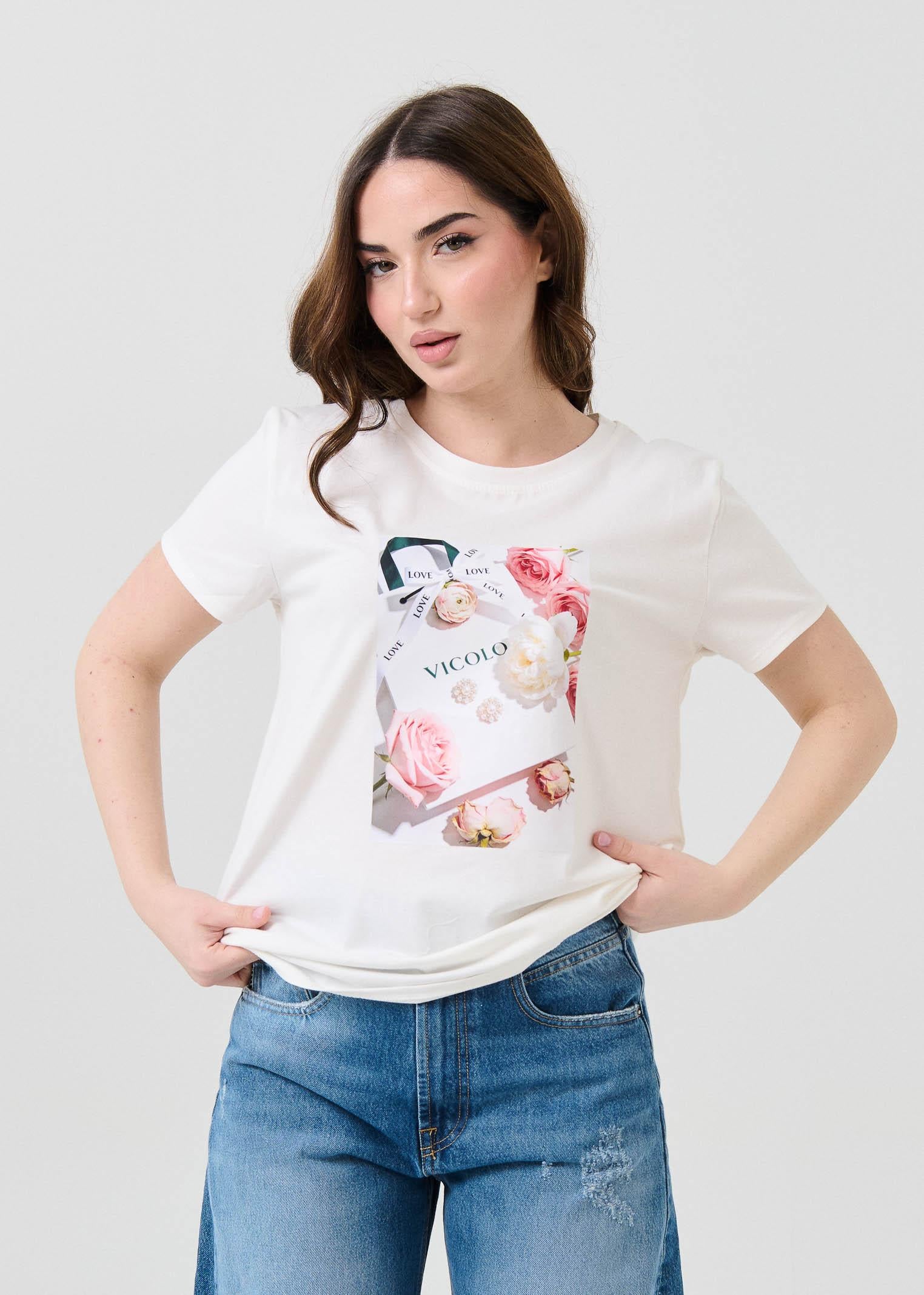 T-Shirt Vicolo bianca con stampa fiori e scatola "Vicolo"