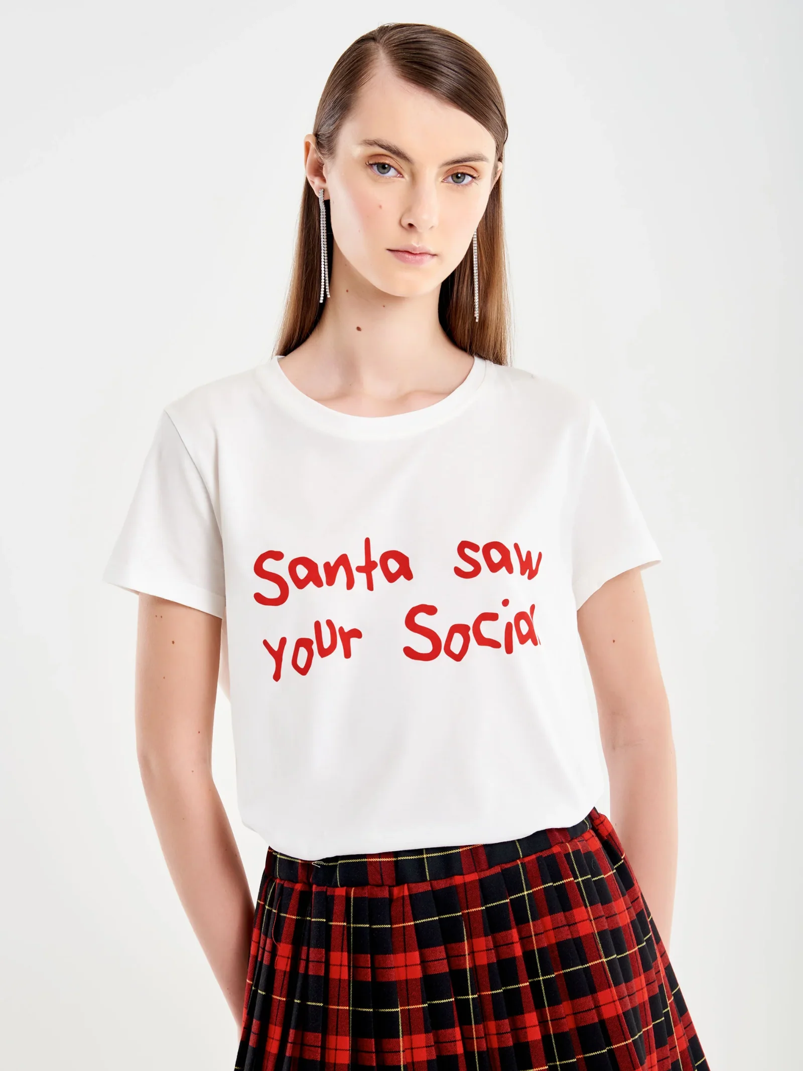 T-Shirt Vicolo bianca con stampa " Santa saw your social"