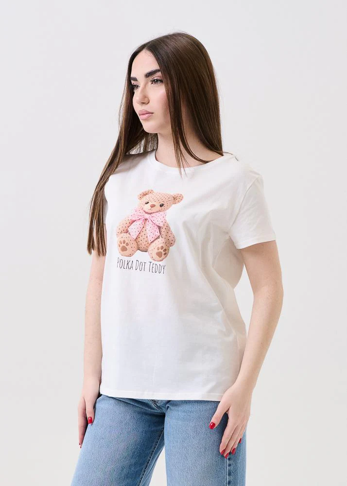 T-Shirt Vicolo bianca con teddy e fiocco con strass