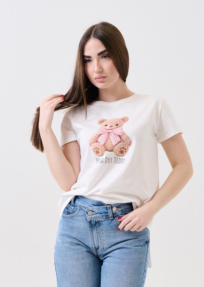 T-Shirt Vicolo bianca con teddy e fiocco con strass - Image 3
