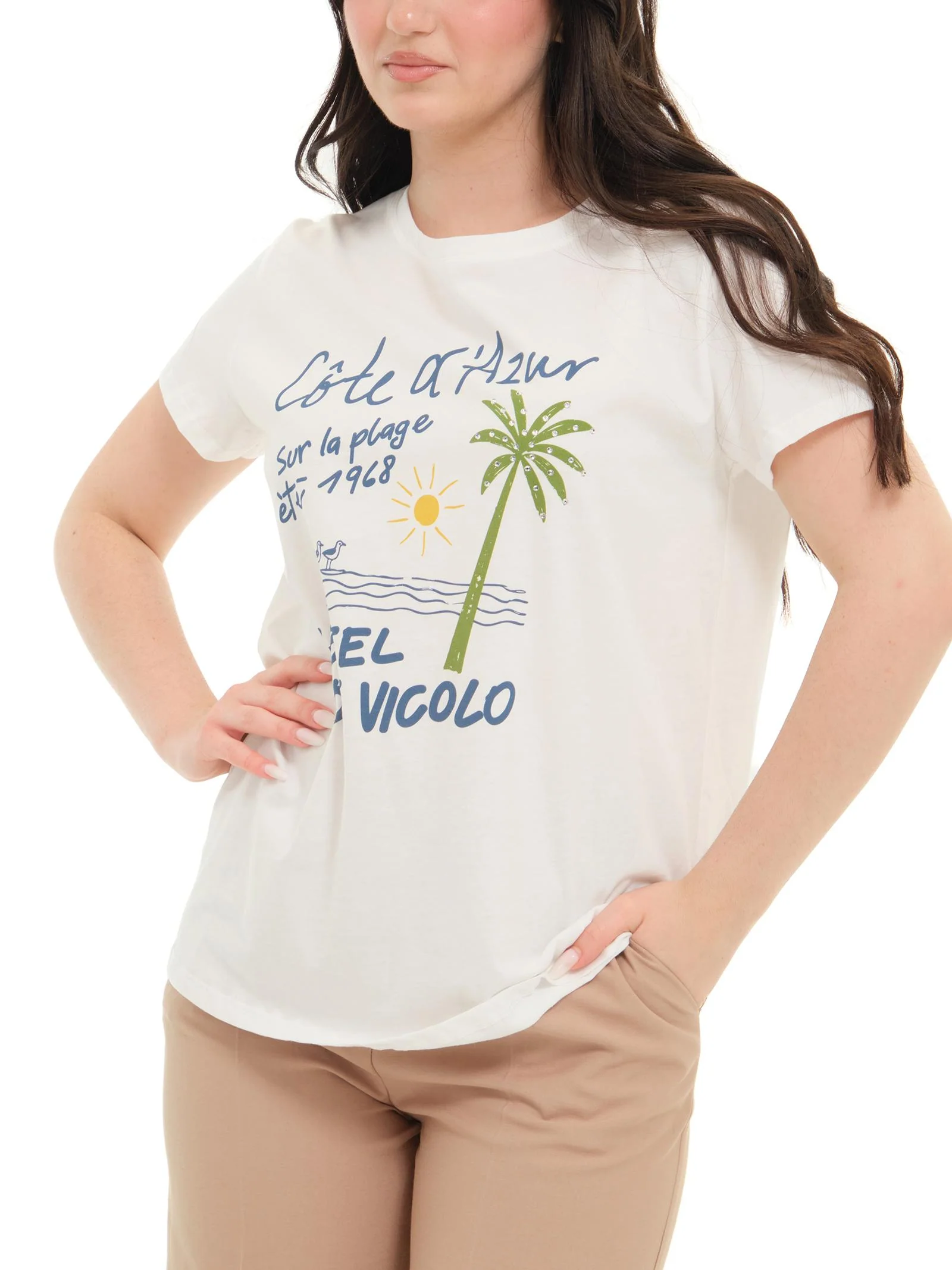T-Shirt Vicolo bianca "cote d'Azur" con strass - Image 2