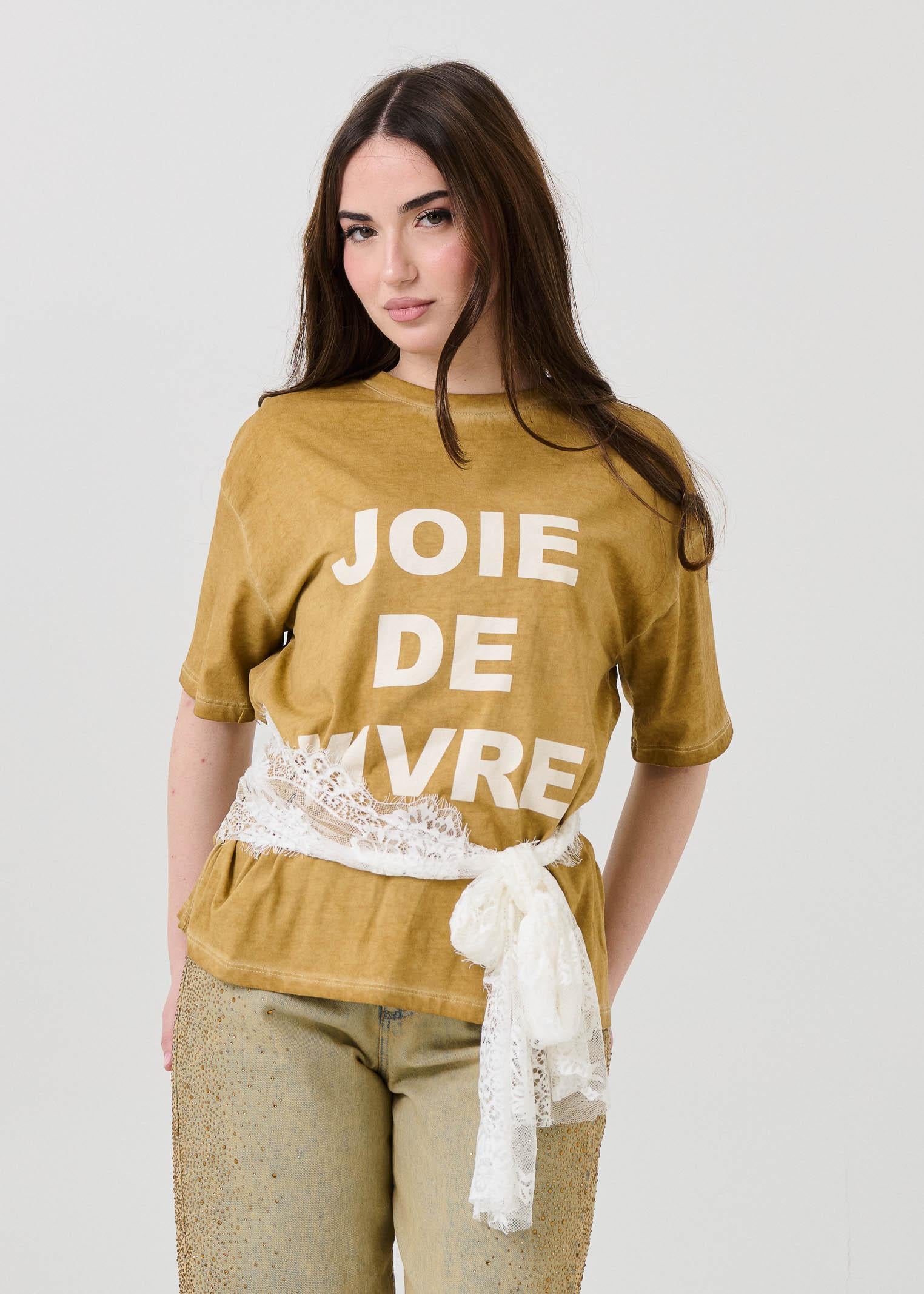 T-Shirt Vicolo cammello con fusciacca in pizzo bianco