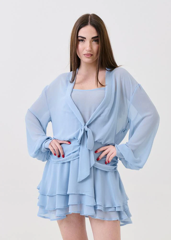 Abito corto Vicolo azzurro con drappeggio e balze - Image 3