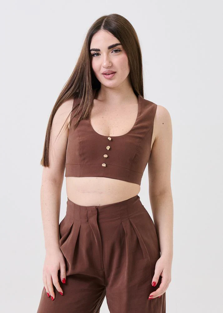 Top Bohemian Vì marrone con finti bottoni oro