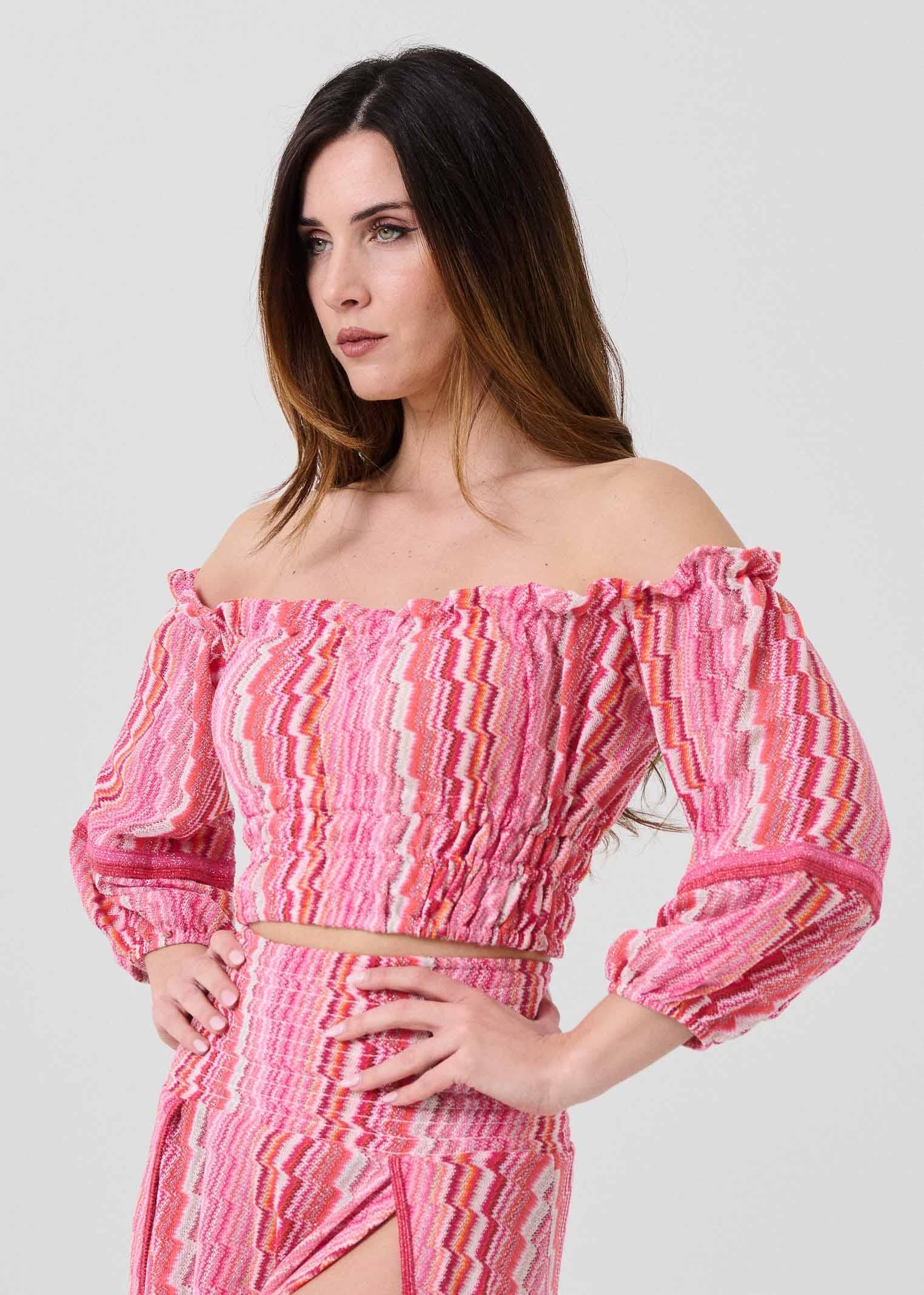 Top con scollo a barca Pho Firenze rosa con filo lurex