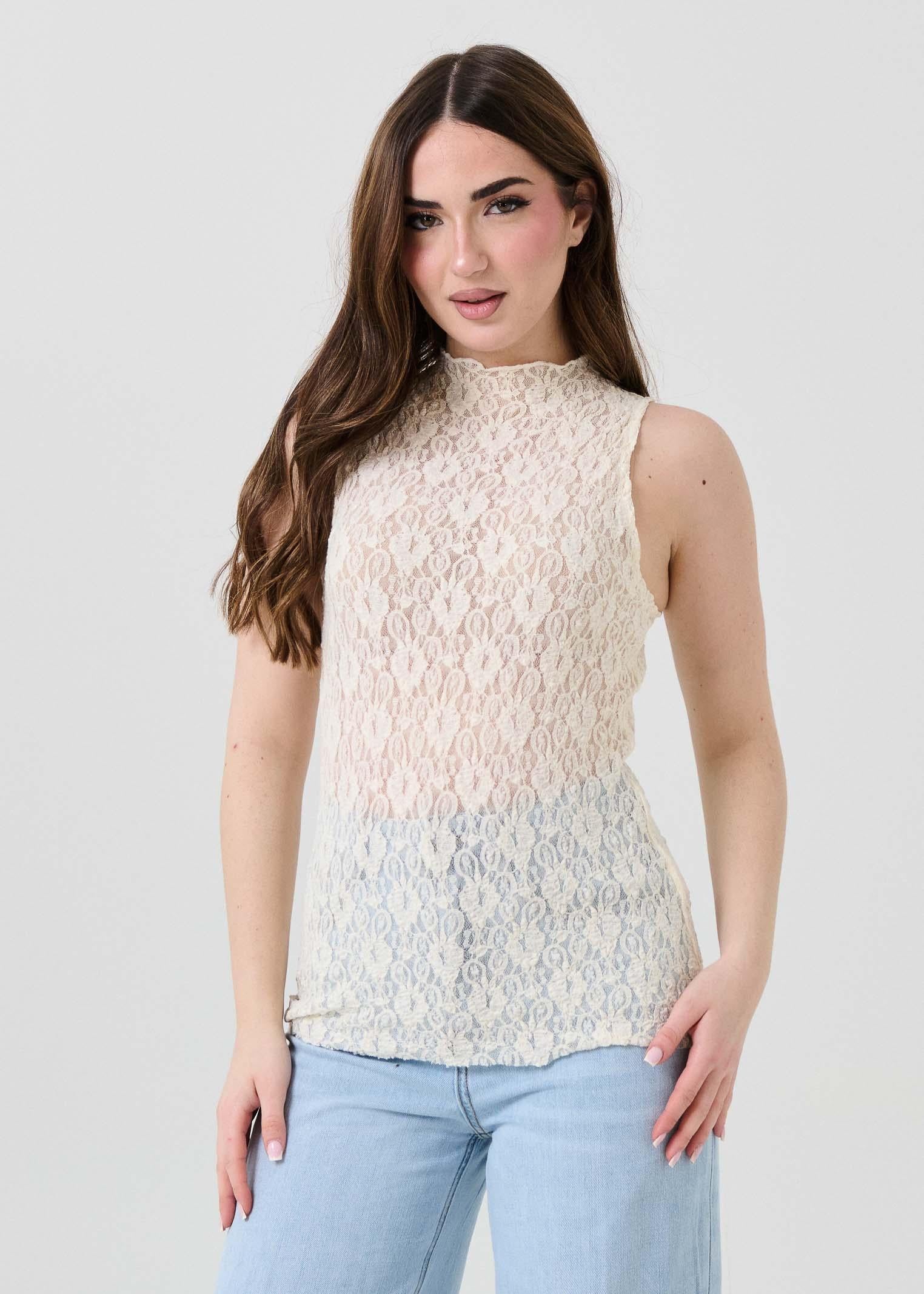 Top con scollo all'americana Armoire bianco panna in pizzo