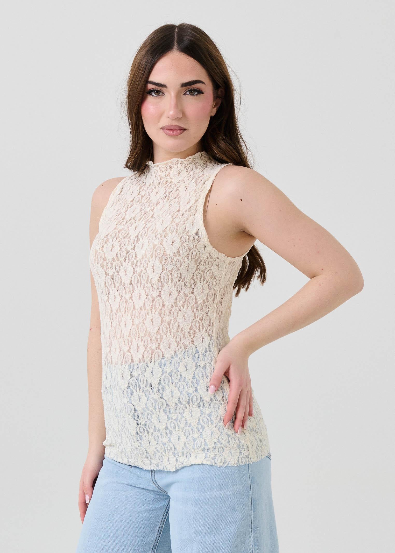Top con scollo all'americana Armoire bianco panna in pizzo - Image 2