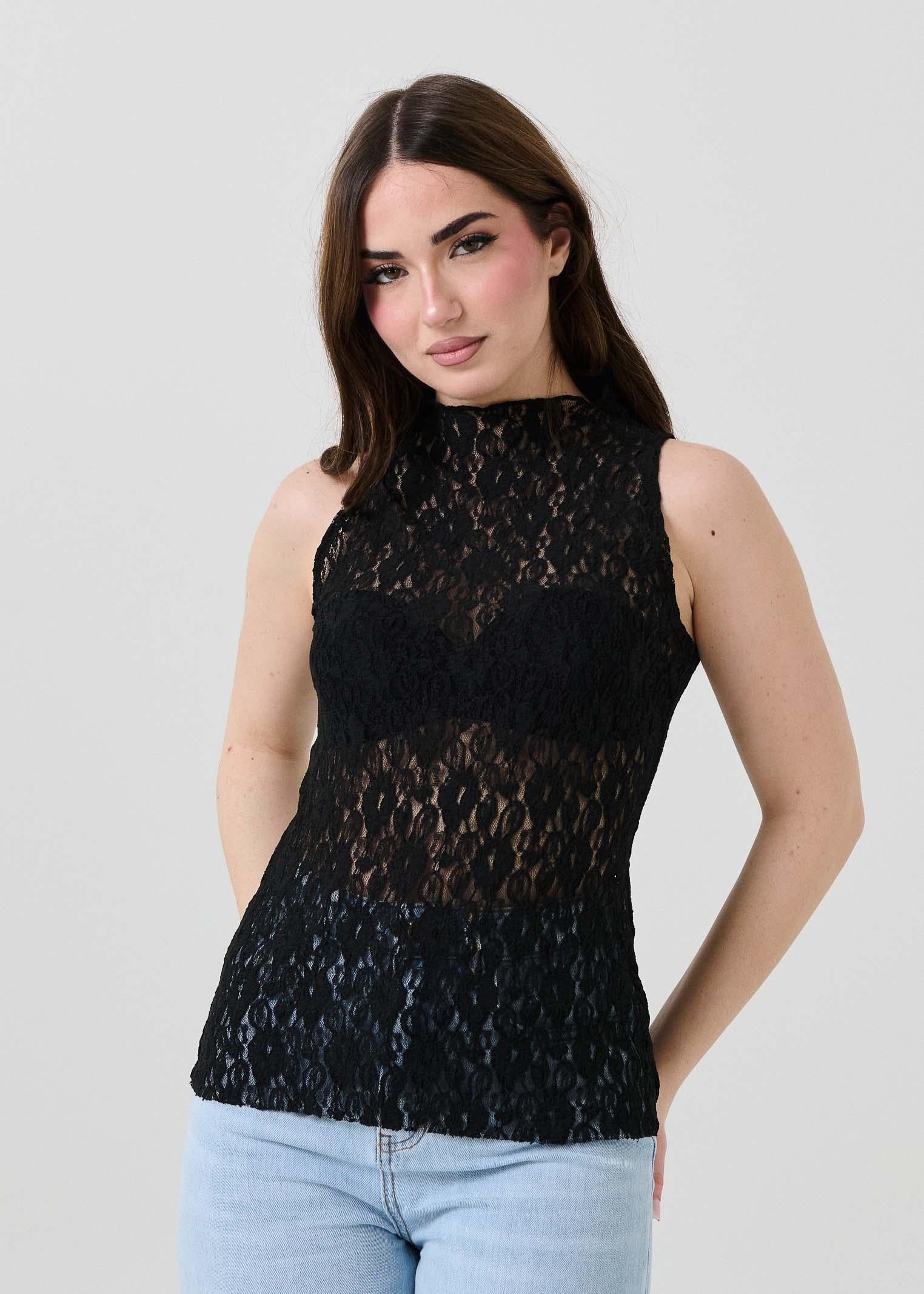 Top con scollo all'americana Armoire nero in pizzo