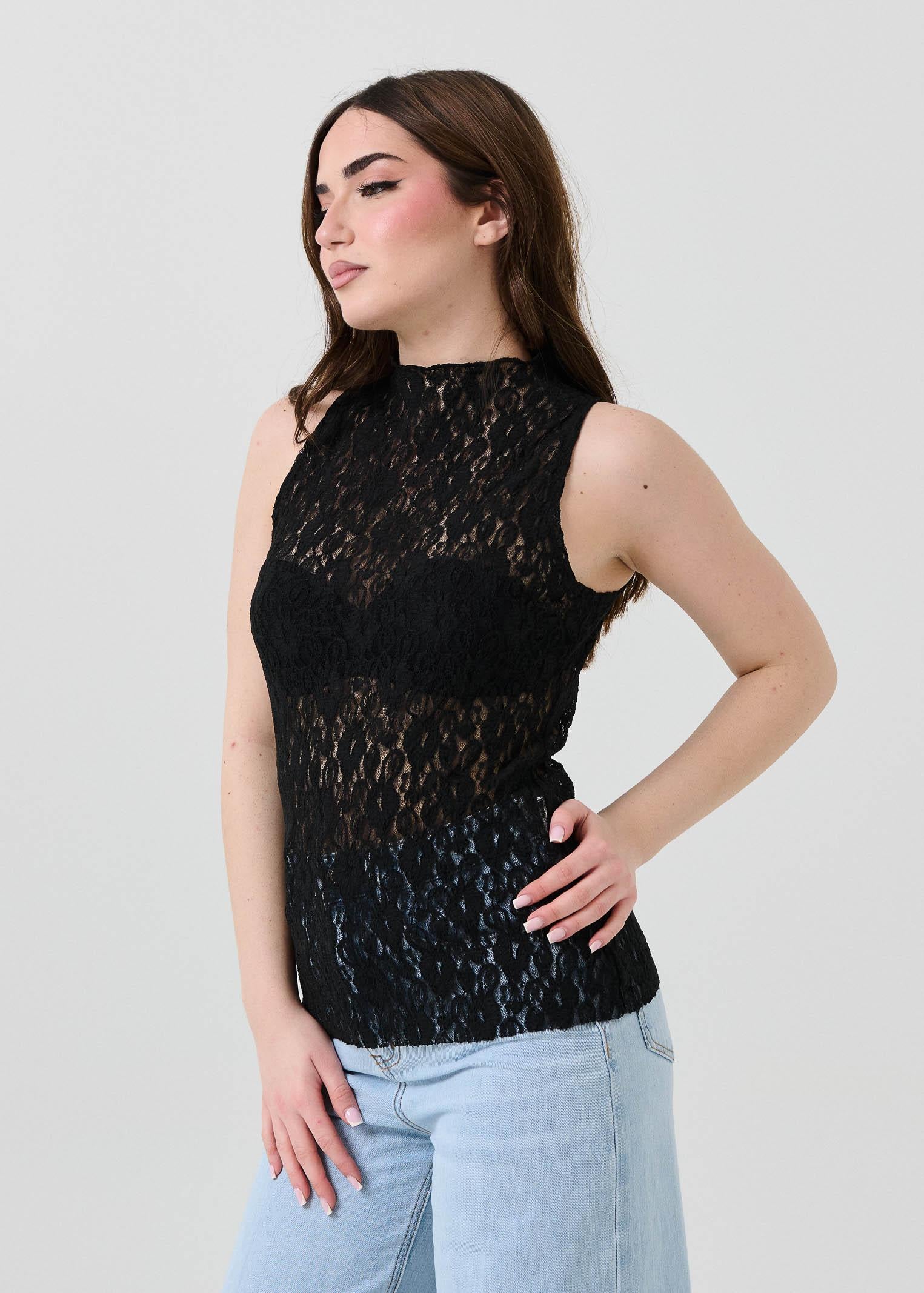 Top con scollo all'americana Armoire nero in pizzo - Image 2