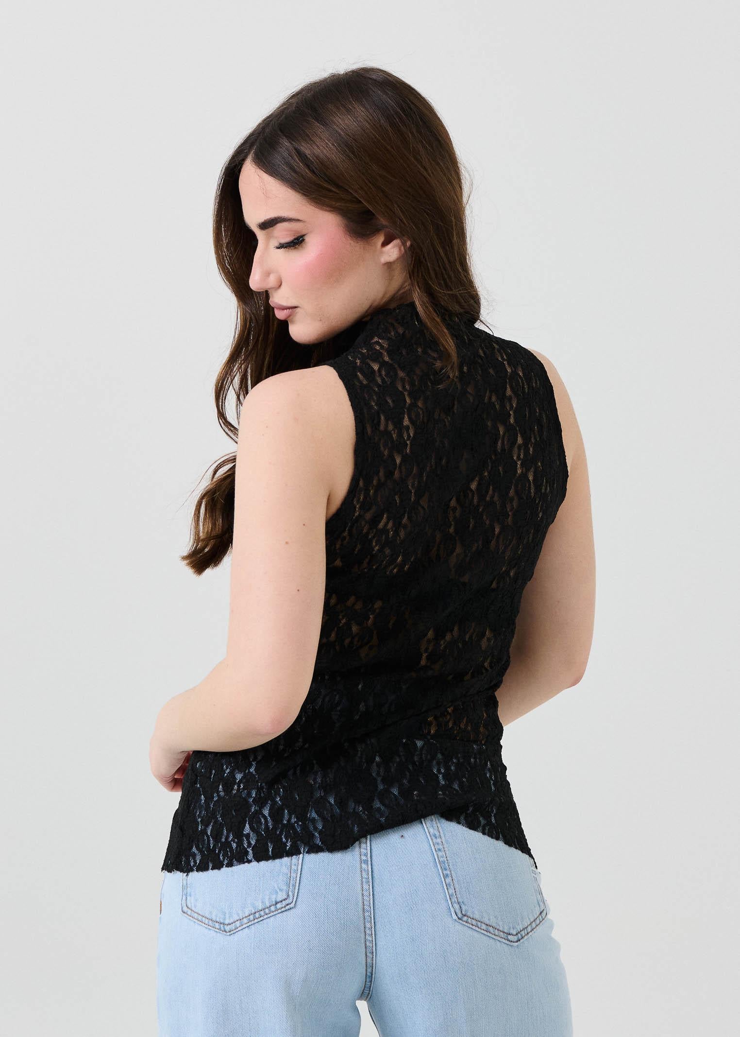 Top con scollo all'americana Armoire nero in pizzo - Image 3
