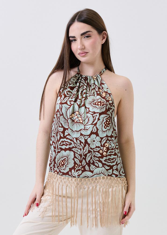 Top con scollo all'americana Dixie verde floreale