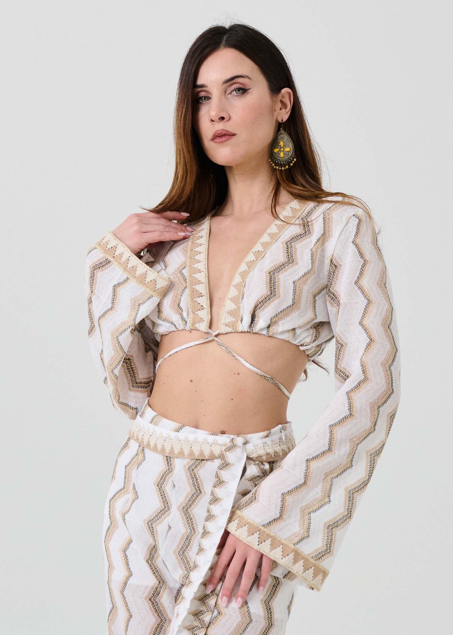 Top crop Pho Firenze bianco con filo lurex a maniche lunghe - Image 2