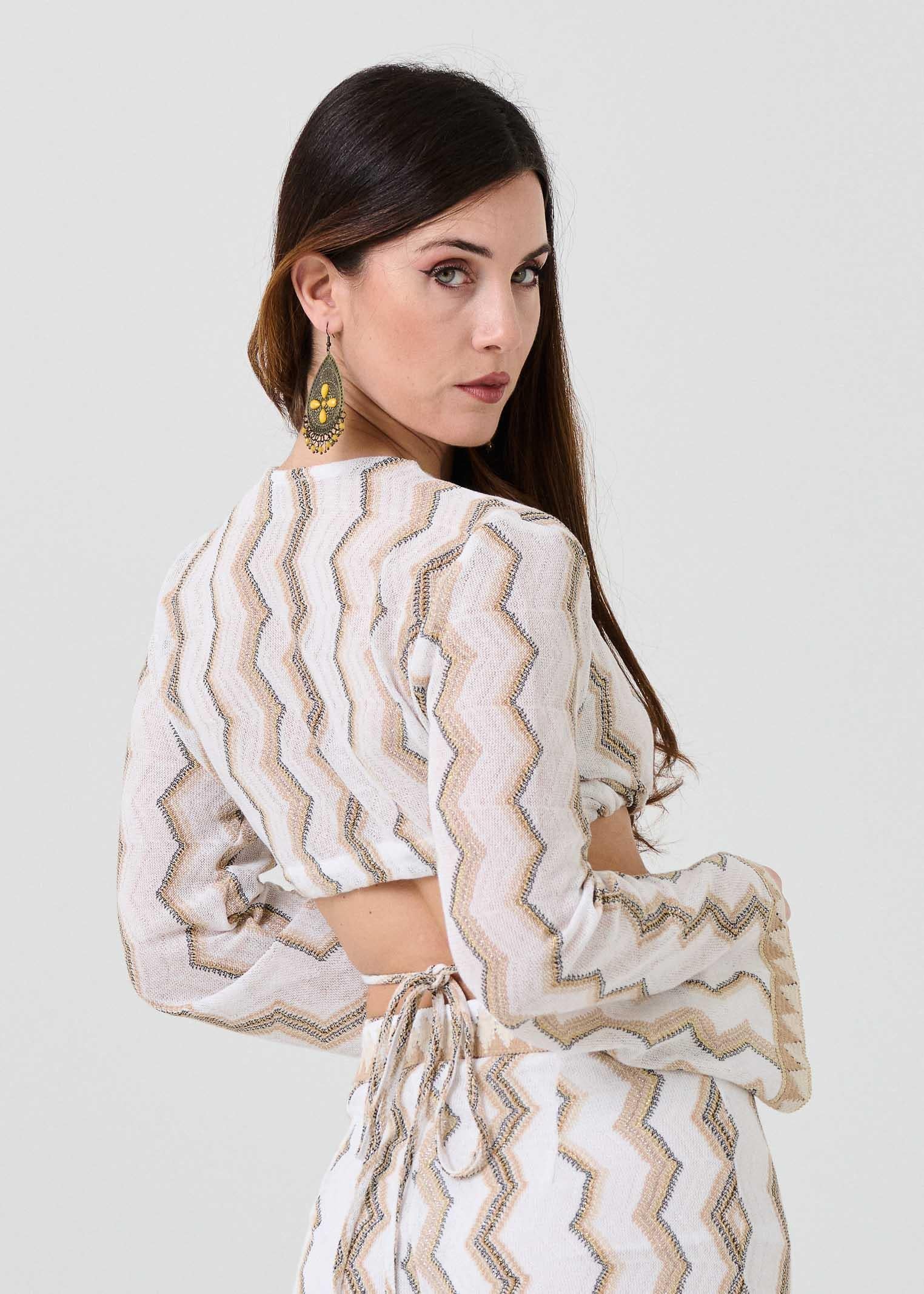 Top crop Pho Firenze bianco con filo lurex a maniche lunghe - Image 4