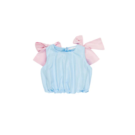 Top cropped Miss Grant azzurro con fiocchi sulle spalle rosa