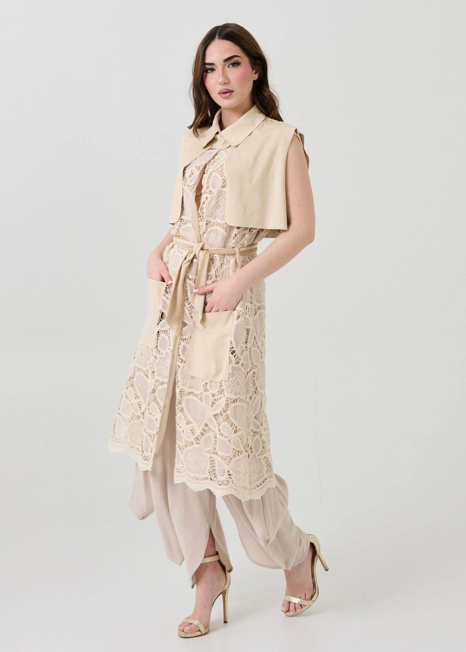 Gilet lungo Bohemian Vì beige in pizzo - Image 2