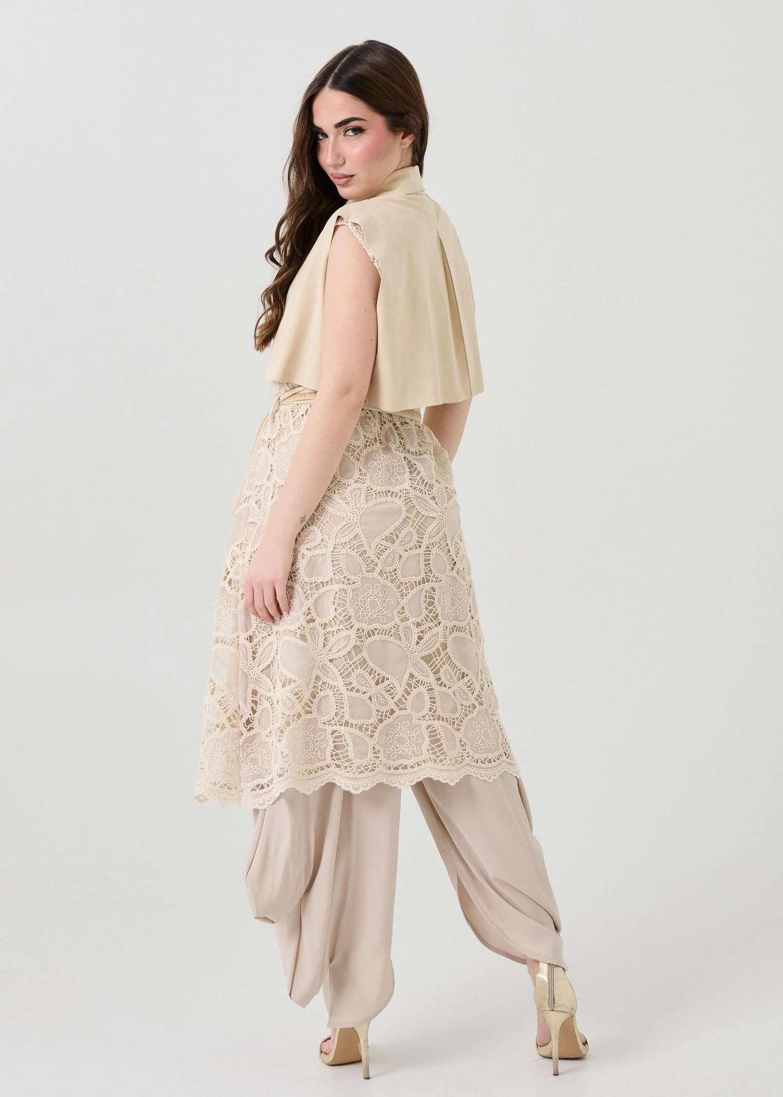 Gilet lungo Bohemian Vì beige in pizzo - Image 4