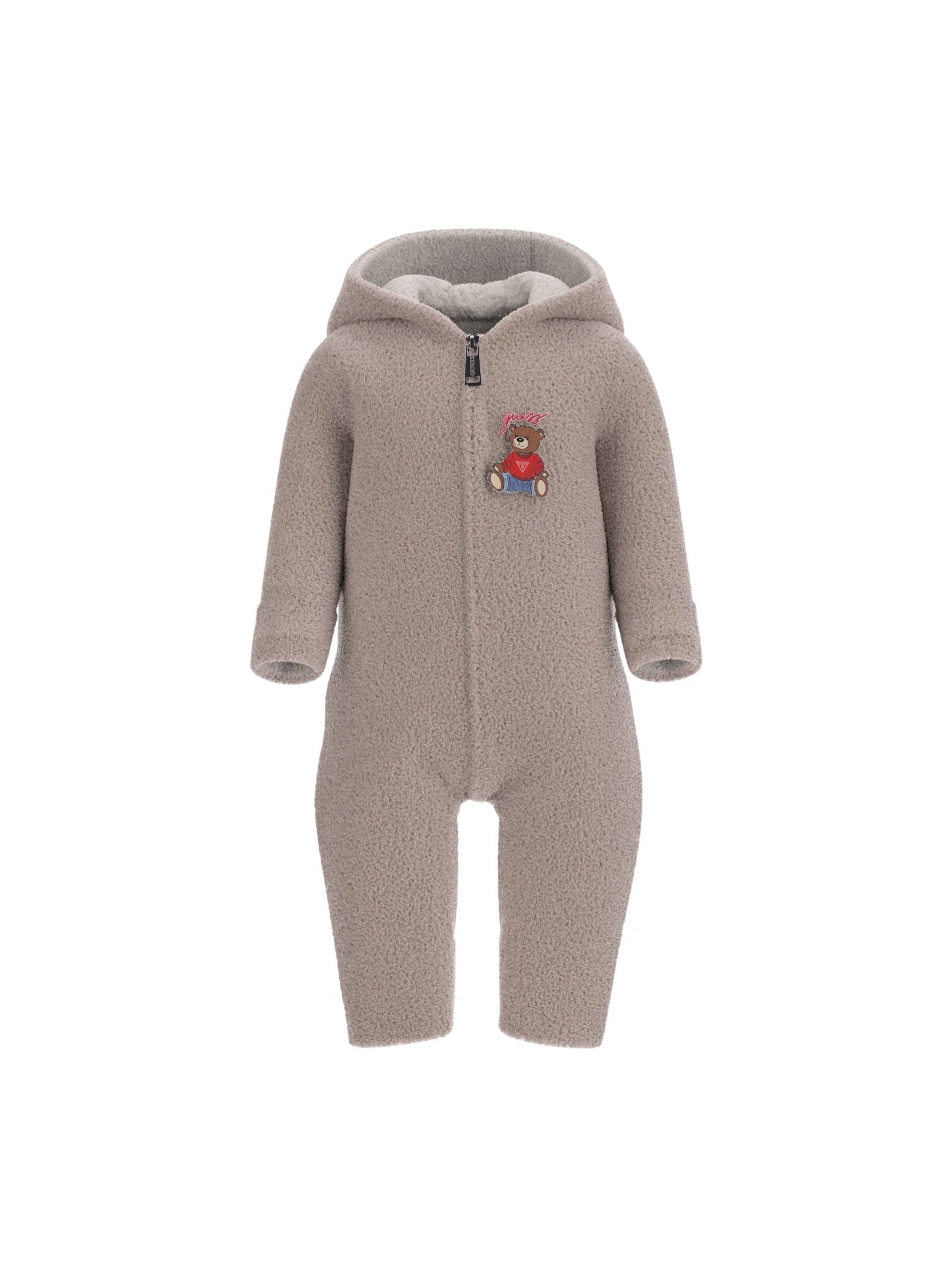 Tuta con cappuccio Guess beige con orsetto ricamato e orecchie 3D