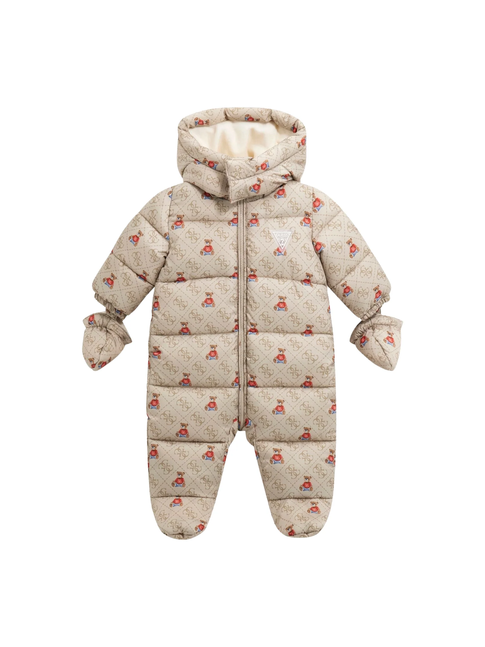 Tuta imbottita Guess beige con stampa logo all over con orsacchiotto