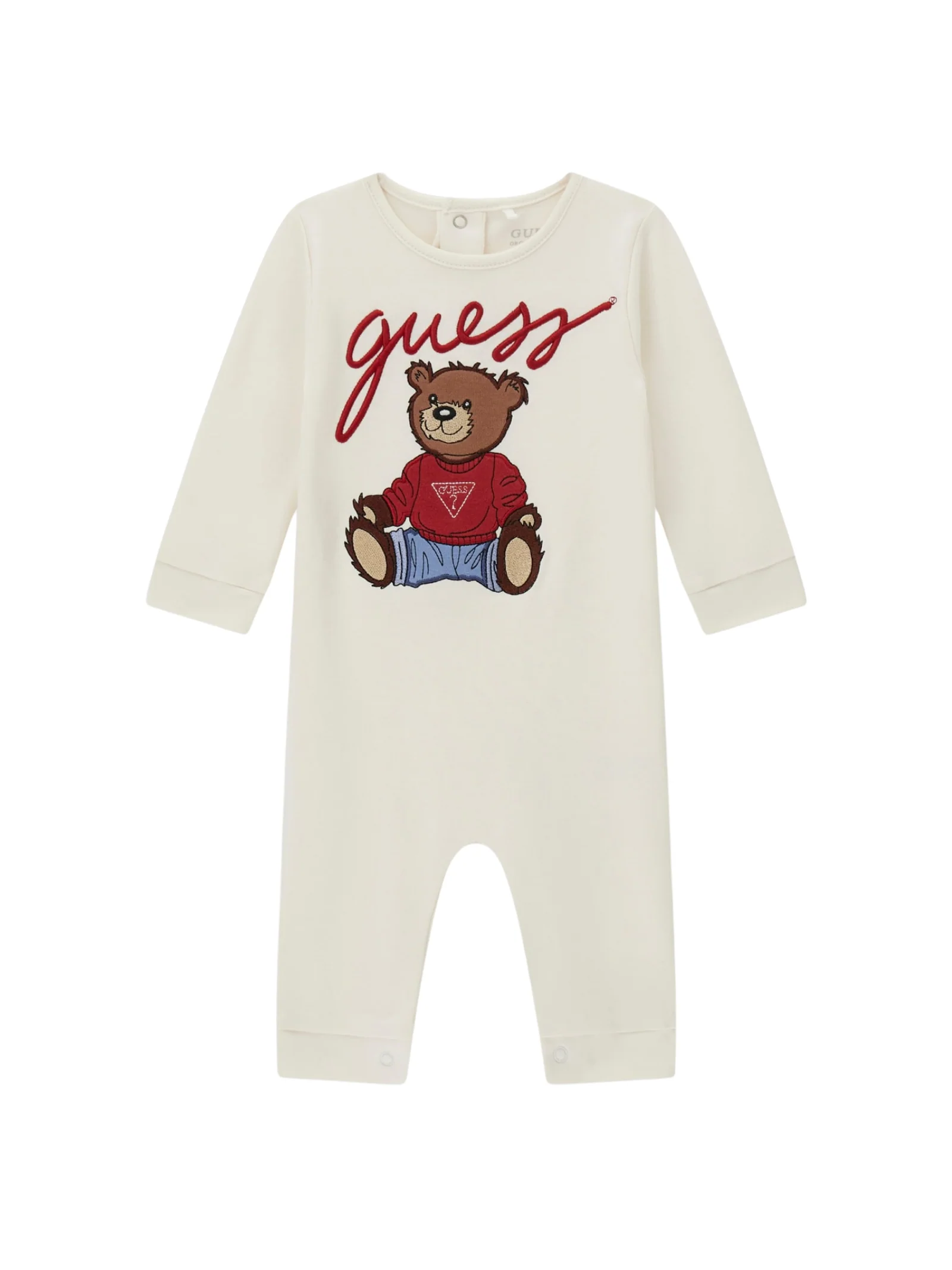 Tutina Guess bianca con stampa teddy e logo in corsivo