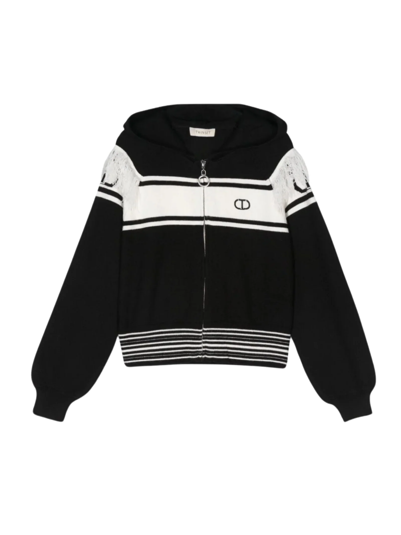 Cardigan Twinset nero con dettagli a righe