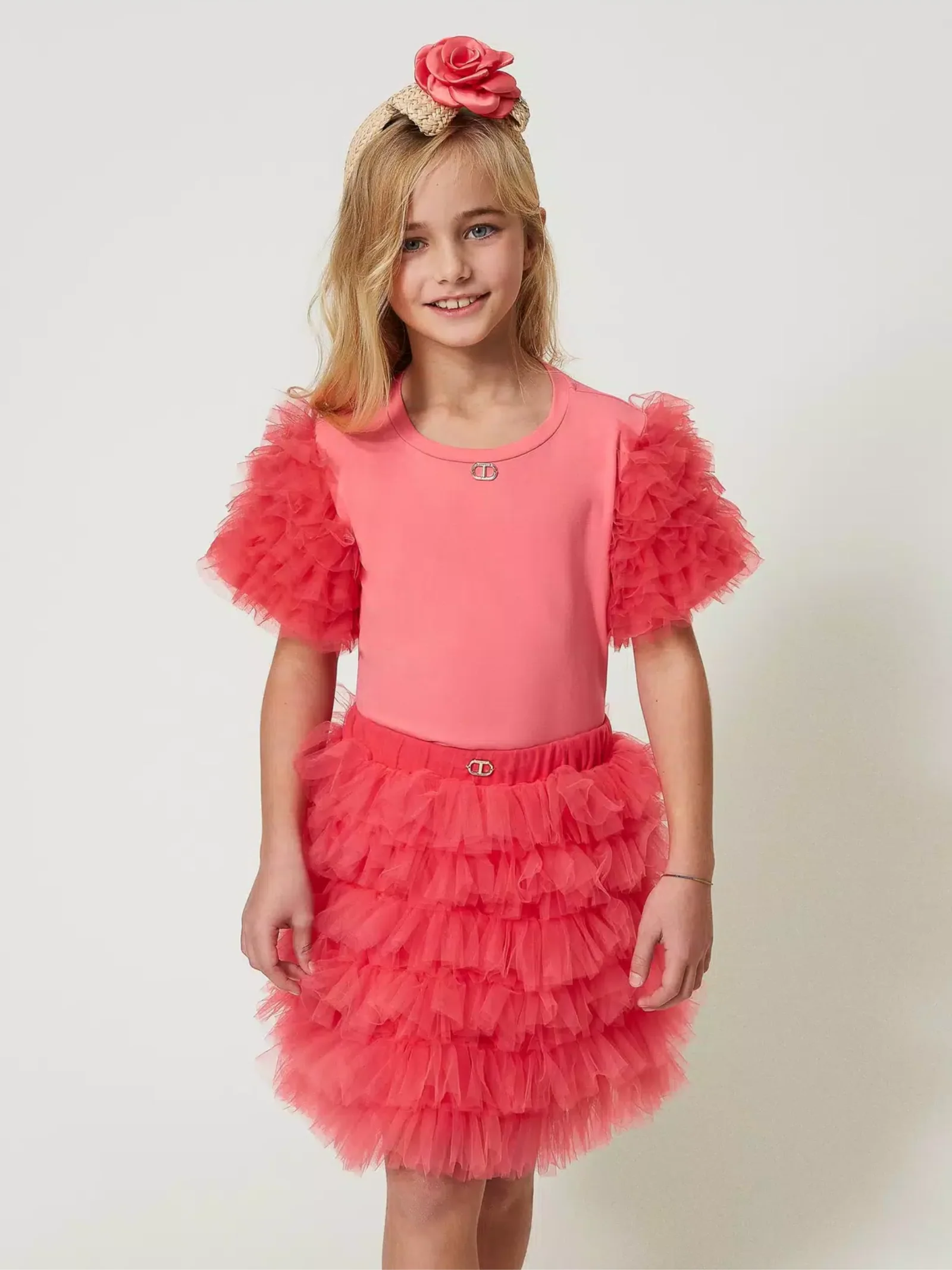 Gonna corta in tulle a balze rosa camelia - Image 2