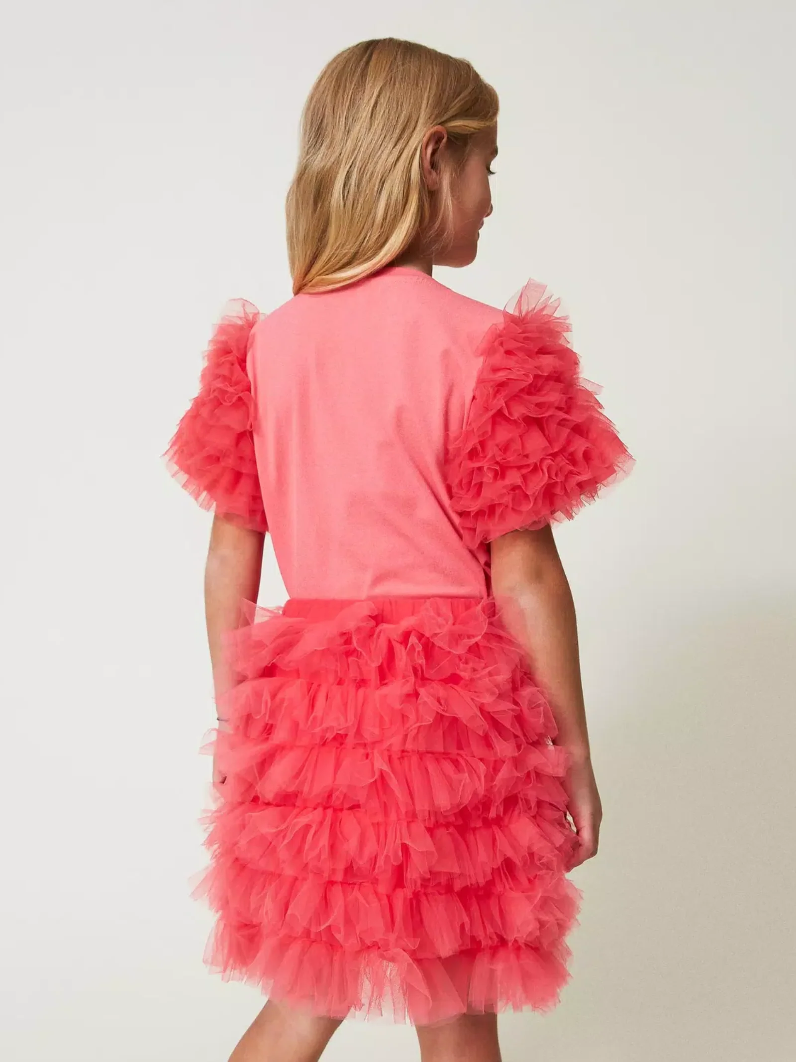Gonna corta in tulle a balze rosa camelia - Image 3