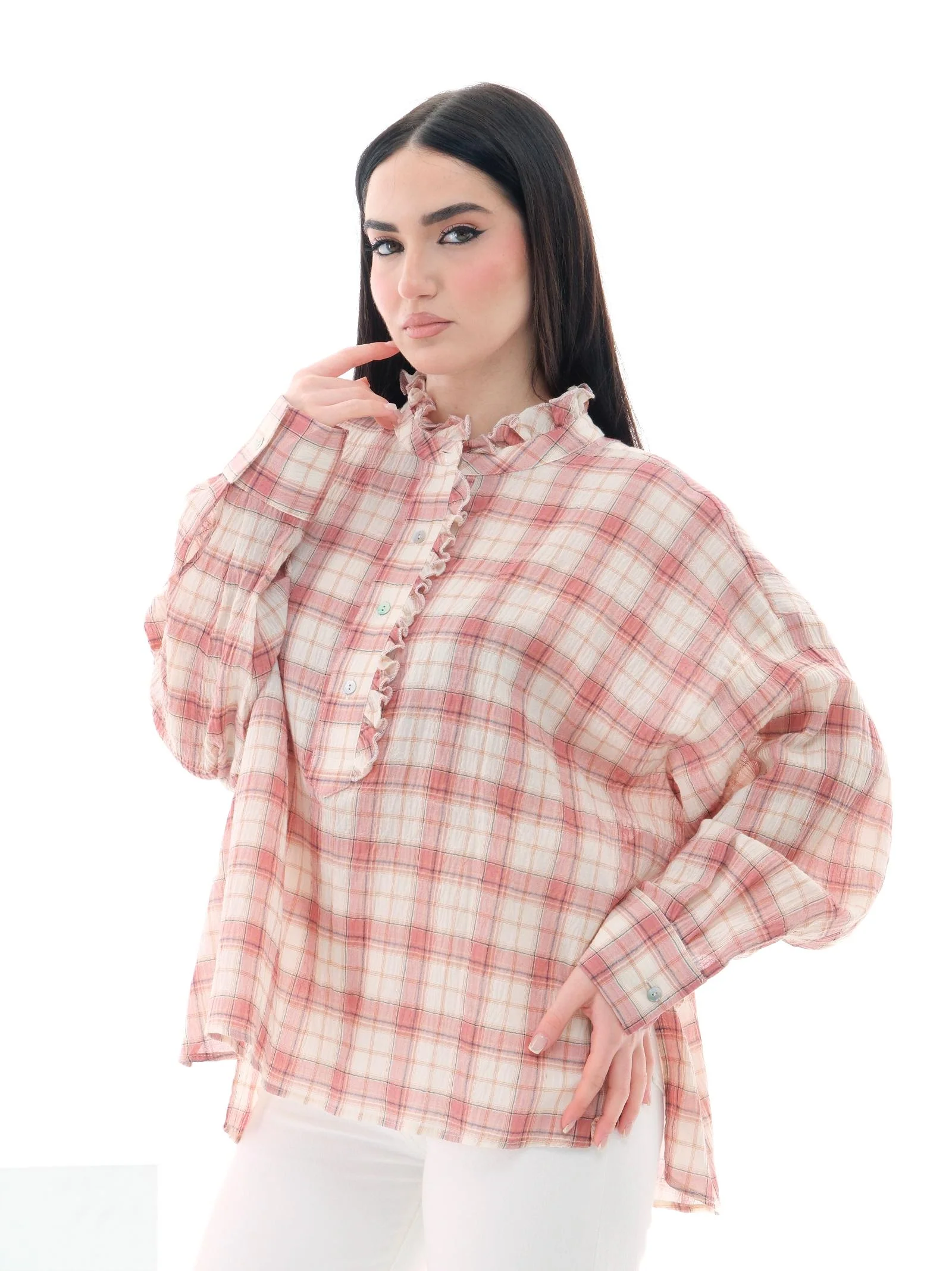 Camicia Vicolo rosa a quadri con dettagli rouches - Image 2