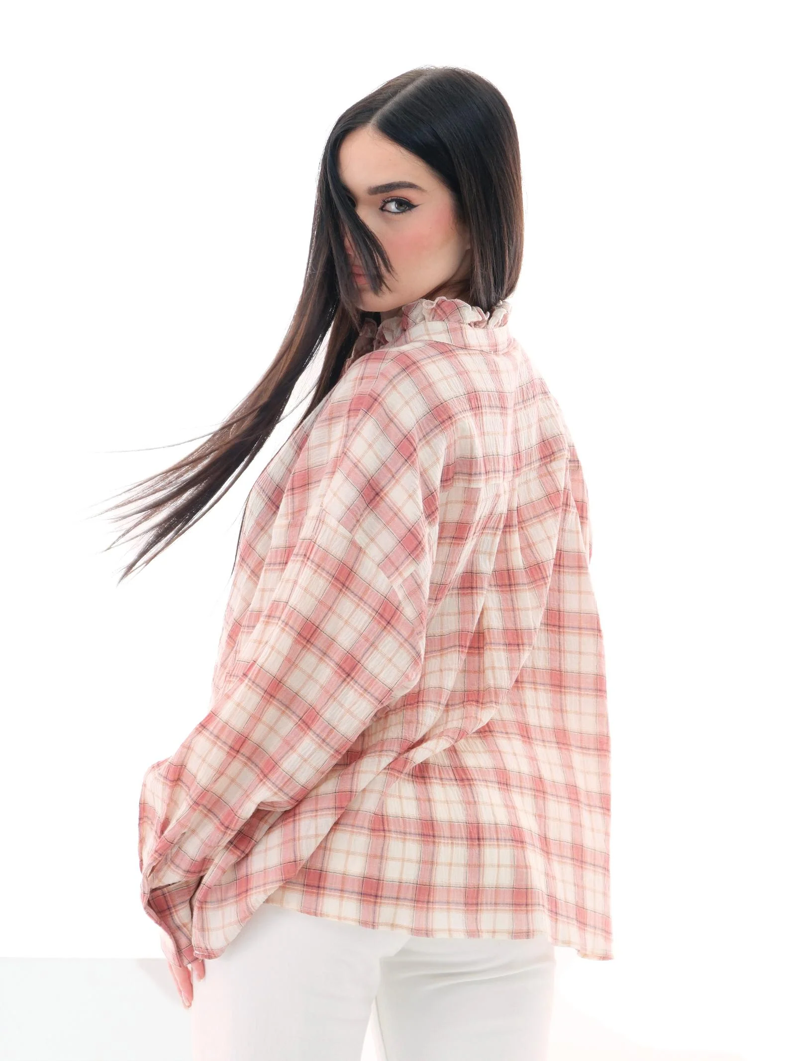 Camicia Vicolo rosa a quadri con dettagli rouches - Image 3