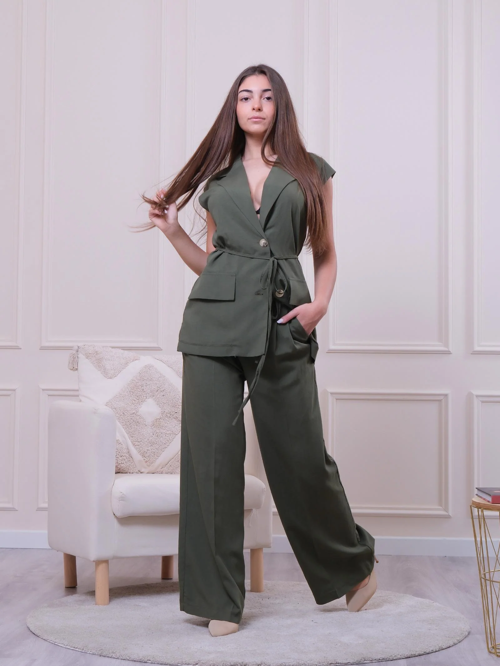 Gilet verde militare in misto lino con cinturino - Image 4