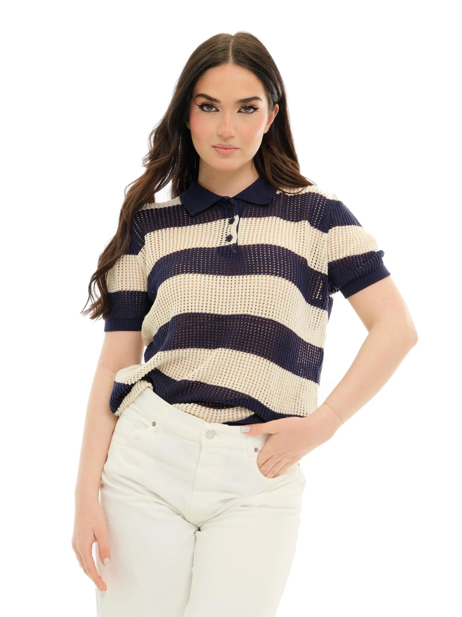 Maglia Vicolo a righe blu e panna traforata