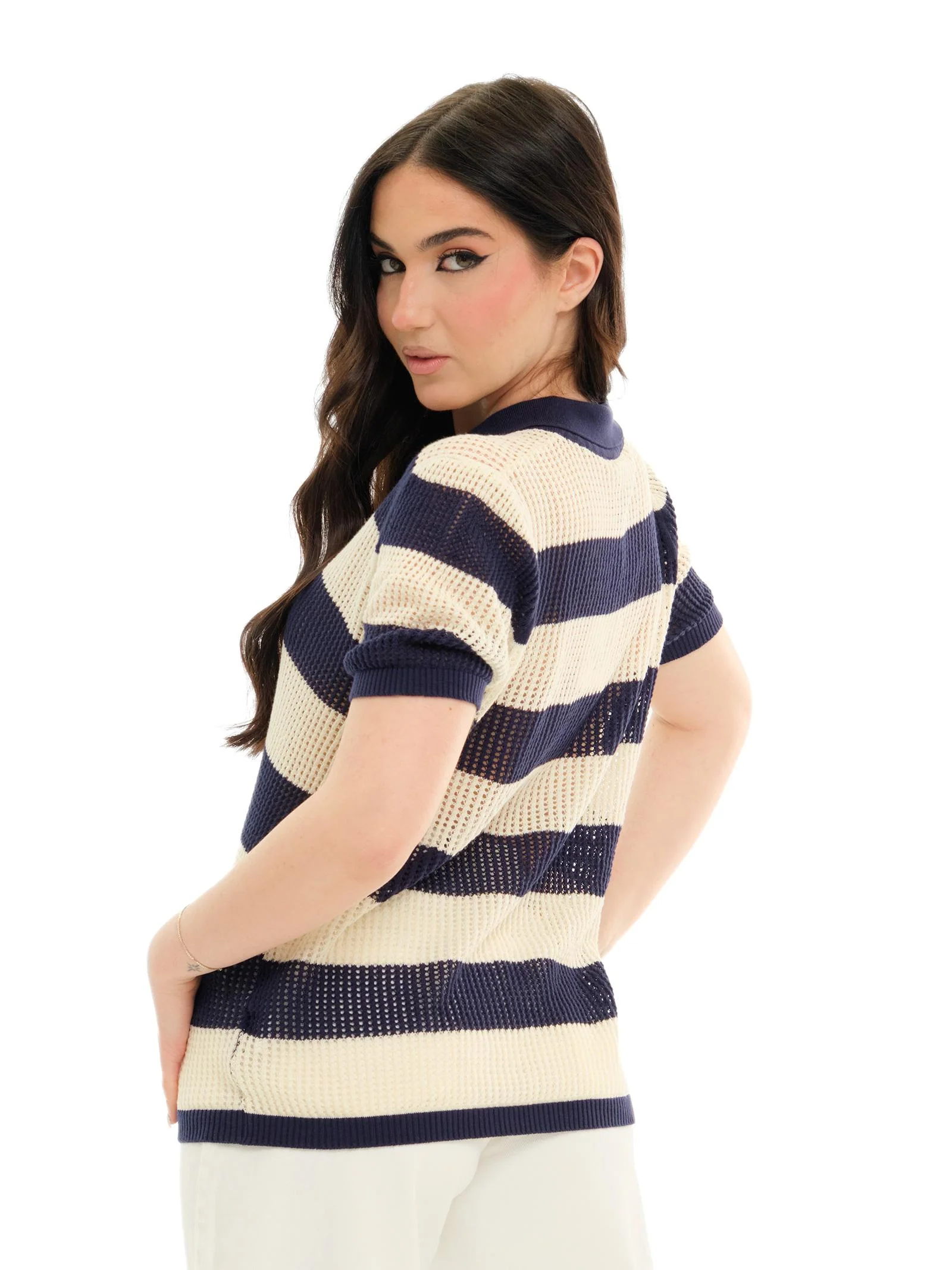 Maglia Vicolo a righe blu e panna traforata - Image 3